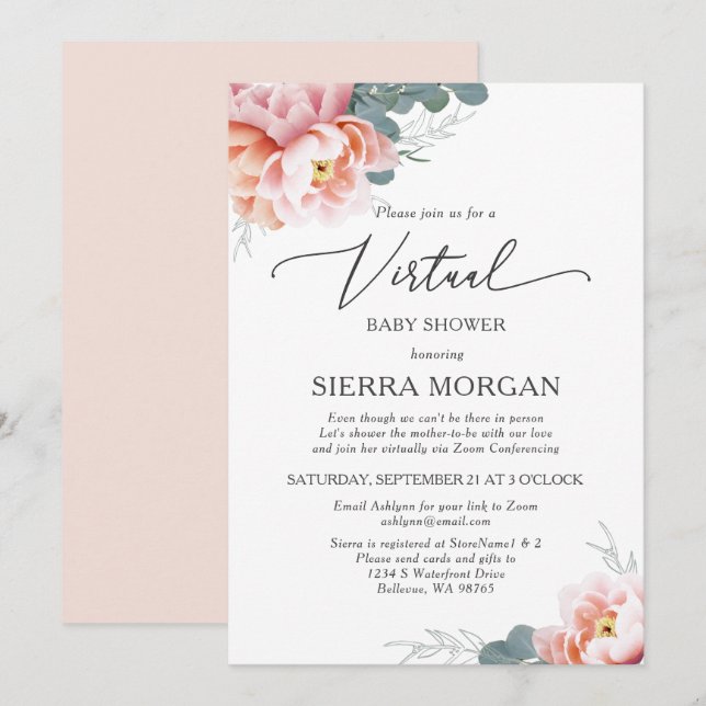 Blush Pink Peony Floral Virtual Baby Shower Invitation (Front/Back)