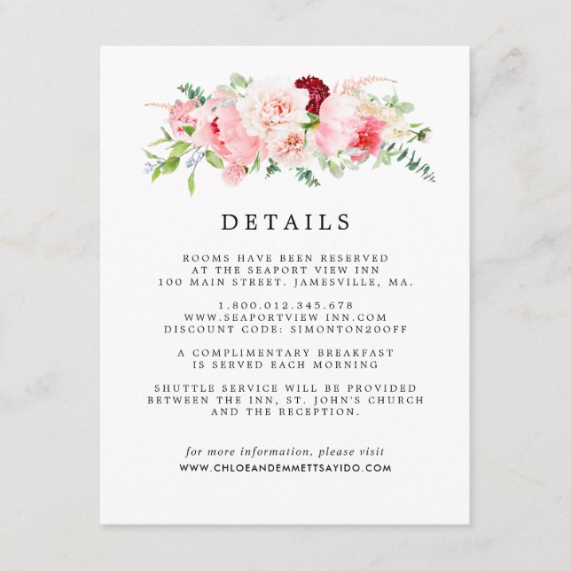 Blush Pink Peony Floral Wedding Guest Details Enclosure Card (Front)