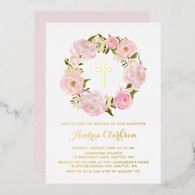 Blush Pink Peony Floral Wreath Baby Girl Baptism (Front/Back)
