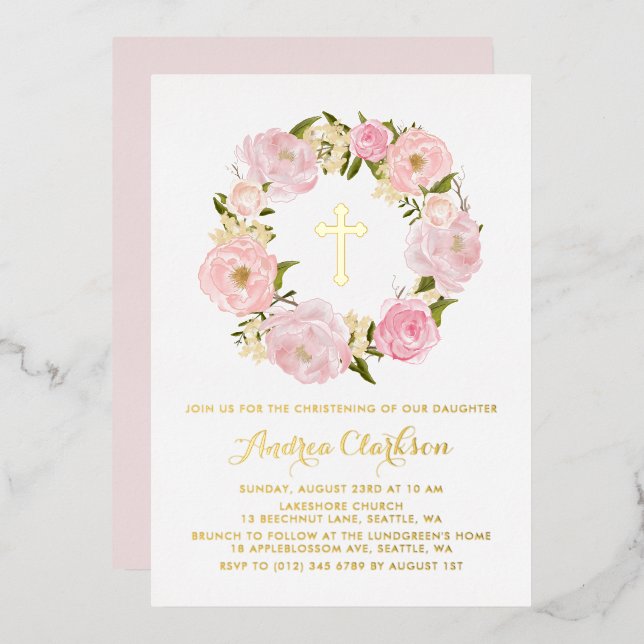 Blush Pink Peony Floral Wreath Girl Christening (Front/Back)