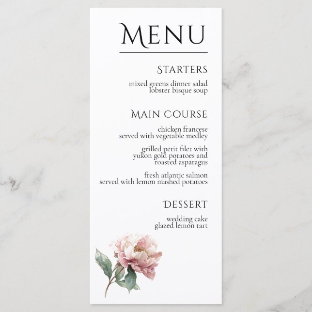 Blush Pink Peony Flower Elegant Dinner Wedding  Menu (Front)