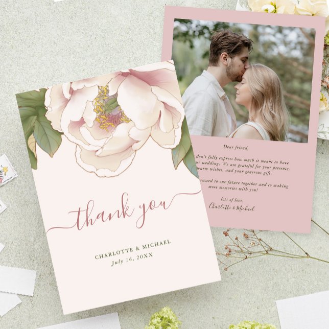 Blush Pink Peony Flowers with Photo Thank You Card (Creator Uploaded)