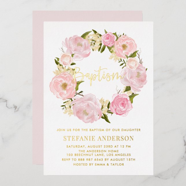 Blush Pink Peony Flowers Wreath Baby Girl Baptism (Front/Back)