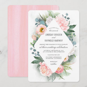 Blush Pink Peony Frame Floral Watercolor Wedding Invitation