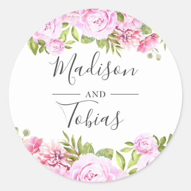 Blush Pink Peony Greenery Floral Wedding Favour Classic Round Sticker (Front)