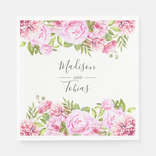 Blush Pink Peony Greenery Floral Wedding Napkin (Front)