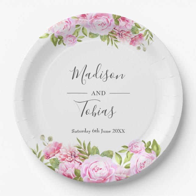 Blush Pink Peony Greenery Floral Wedding Paper Plate (Front)