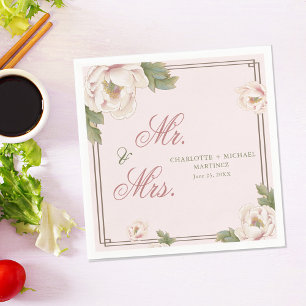 Blush Pink Peony Rose Floral Wedding Mr. and Mrs. Napkin