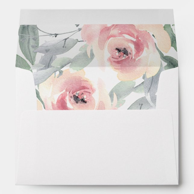 Blush pink peony roses floral envelopes 5x7 card (Back (Bottom))