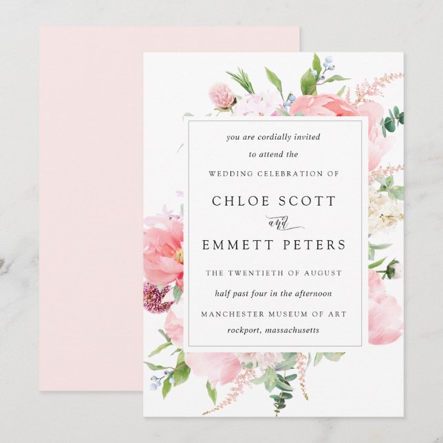 Blush Pink Peony Rustic Floral Wedding Invitation (Front/Back)