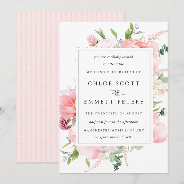Blush Pink Peony Rustic Floral Wedding Invitation (Front/Back)