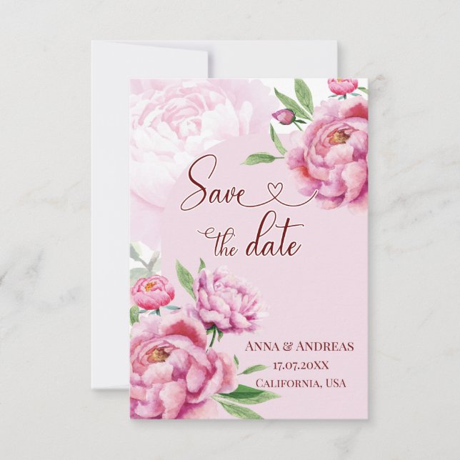 Blush Pink Peony Save the Date Card (Front)