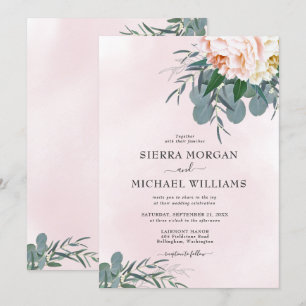 Blush Pink Peony Watercolor Eucalyptus Wedding Invitation
