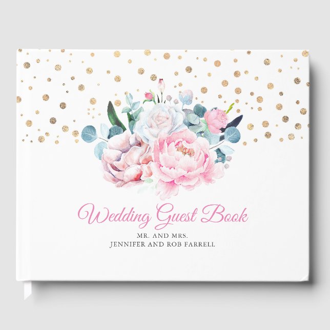 Blush Pink Peony Watercolor Floral Wedding Guest Book (Front)
