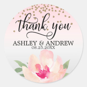 Blush Pink Peony Watercolor Grey Wedding Thank You Classic Round Sticker