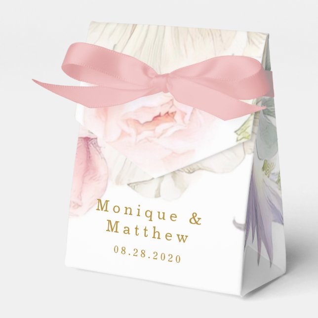 Blush Pink Peony White Anemone Flower Gold Wedding Favour Box (Front Side)