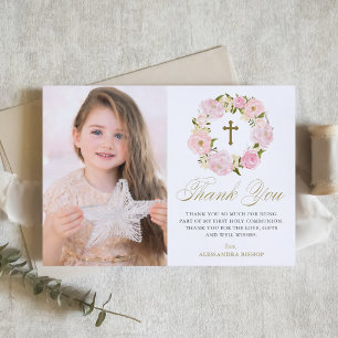 Blush Pink Peony Wreath First Holy Communion Thank You Card