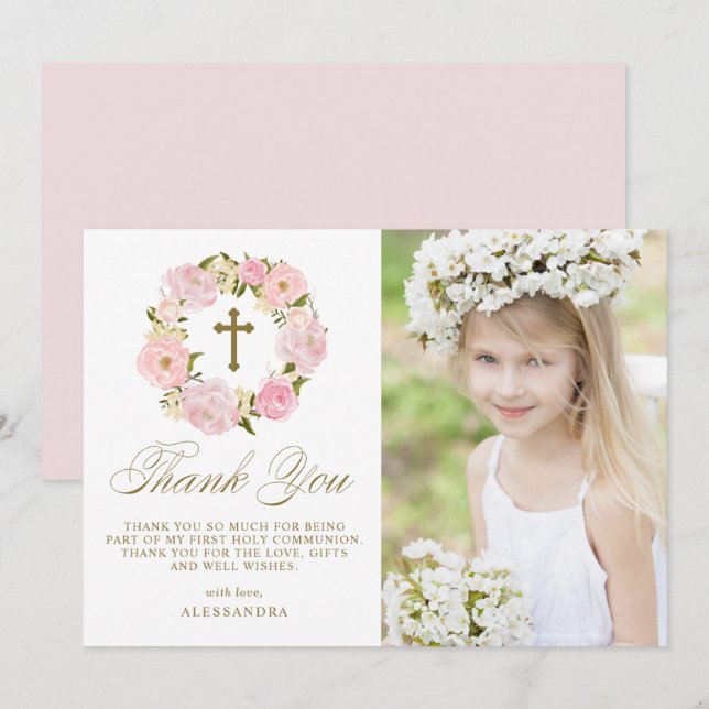 Blush Pink Peony Wreath Gold First Holy Communion Thank You Card (Front/Back)