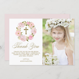 Blush Pink Peony Wreath Gold First Holy Communion Thank You Card