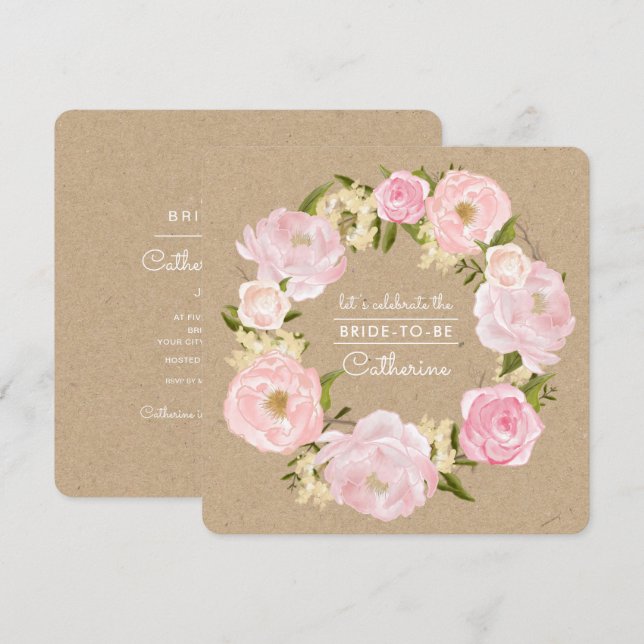 Blush Pink Peony Wreath Kraft Paper Bridal Shower Invitation (Front/Back)