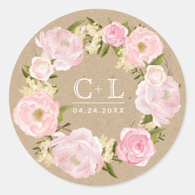 Blush Pink Peony Wreath Kraft Paper Wedding Classic Round Sticker (Front)