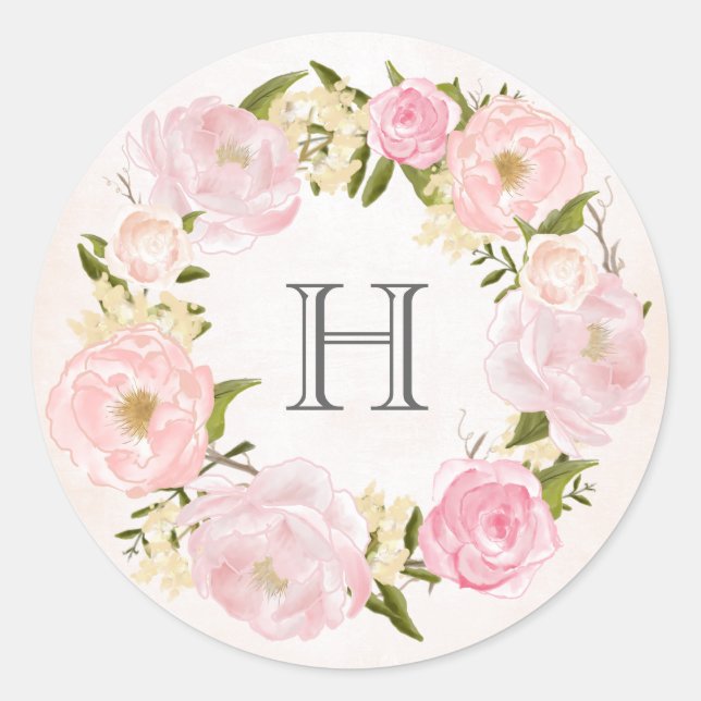 Blush Pink Peony Wreath Monogram Wedding Classic Round Sticker (Front)