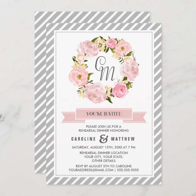 Blush Pink Peony Wreath Rehearsal Dinner  Invitation (Front/Back)