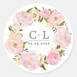 Blush Pink Peony Wreath Wedding Classic Round Sticker