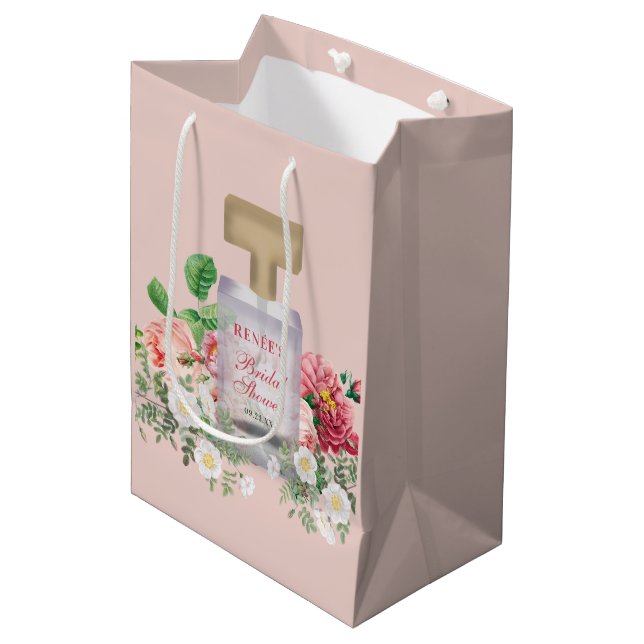 Blush Pink Perfume Bottle Floral Bridal Shower  Medium Gift Bag (Front Angled)