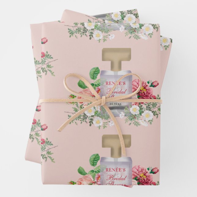 Blush Pink Perfume Bottle Floral Bridal Shower  Wrapping Paper Sheet (In situ)