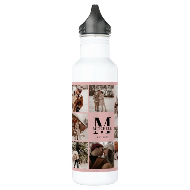 Blush Pink Personalised Monogram & Photo Collage 710 Ml Water Bottle (Left)