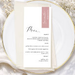 Blush Pink Personalised with Guest Name Elegant Menu<br><div class="desc">Why spend in place cards and menu cards when you can have an elegant All-in-one elegant Menu personalised with each guest name! Contemporary, simple and elegant design with beautiful modern hand written calligraphy. Stripe on the top right corner in blush pink tone with guest name in white. Back in same...</div>