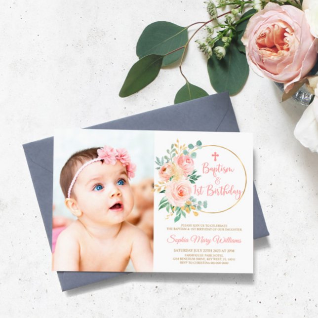 Blush Pink Photo Baptism & First Birthday  Invitation (Creator Uploaded)