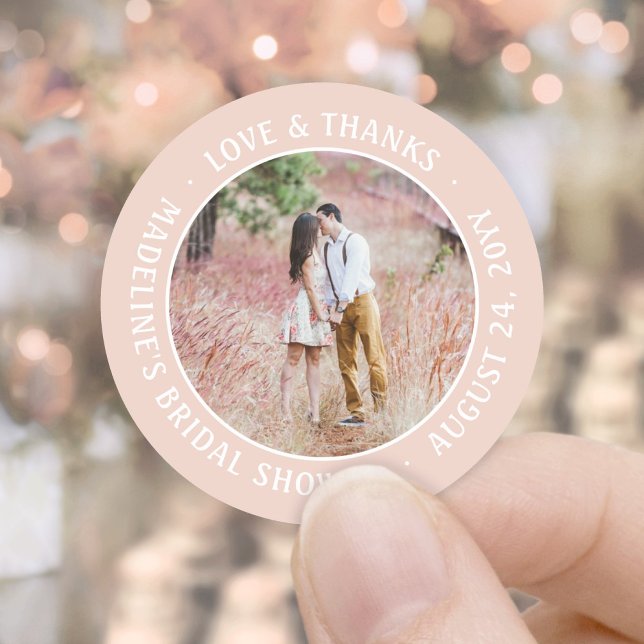 Blush Pink Photo Bridal Shower Love & Thanks Classic Round Sticker (Creator Uploaded)