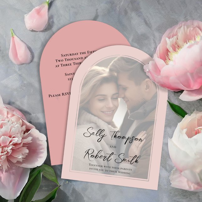 Blush Pink Photo Calligraphy Script Wedding Invitation (Elegant blush pink arch photo wedding invitations.)