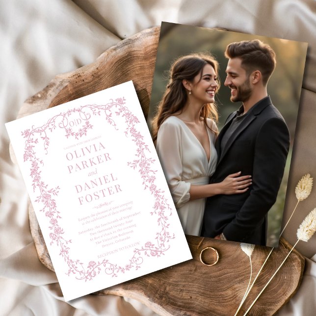 Blush Pink Photo Floral Victorian French Wedding  Invitation (Creator Uploaded)