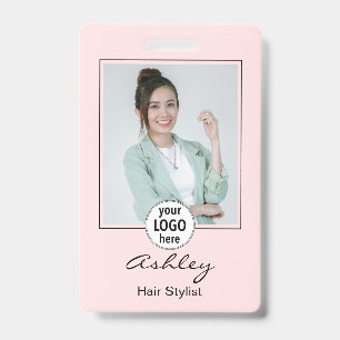Blush Pink Photo Logo Name Hair Stylist ID Badge