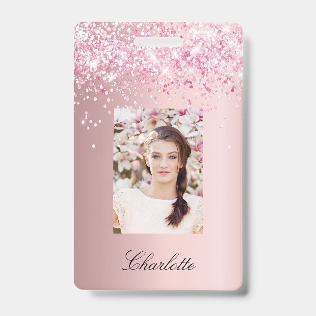 Blush pink photo name ID badge (Front)