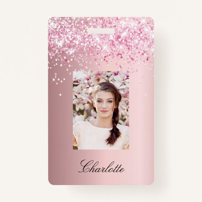 Blush pink photo name ID badge (Front)