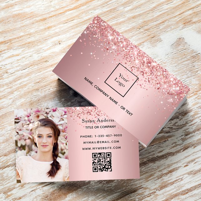 Blush pink photo QR code glitter dust female Business Card (Creator Uploaded)