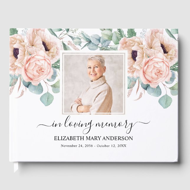 Blush Pink Photo Sympathy Funeral Watercolor Guest Book (Front)