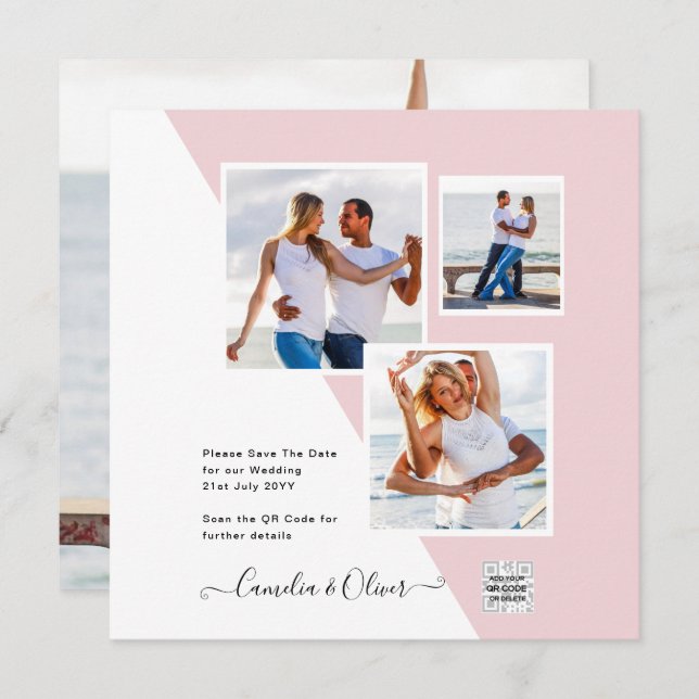 Blush PINK Photo Wedding Invite QR Code Save Date (Front/Back)