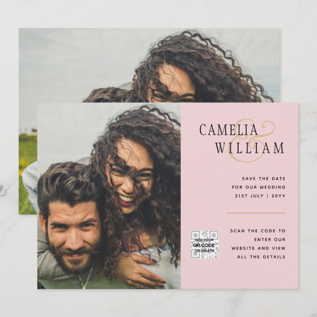 Blush PINK Photo Wedding Invite QR Code Save Date (Front/Back)