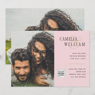 Blush PINK Photo Wedding Invite QR Code Save Date