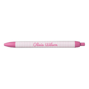 Blush Pink Plaid Script Name Monogram Black Ink Pen