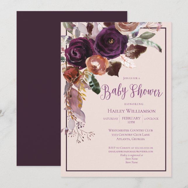 Blush Pink, Plum and Gold Floral Baby Shower Invitation (Front/Back)