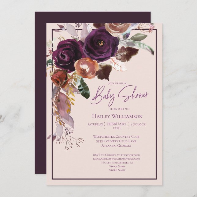 Blush Pink, Plum, Pink and Gold Baby Shower Invitation (Front/Back)