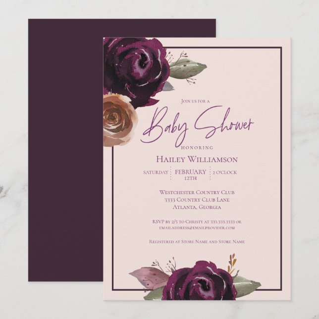 Blush Pink, Plum, Purple and Gold Baby Shower Invitation (Front/Back)