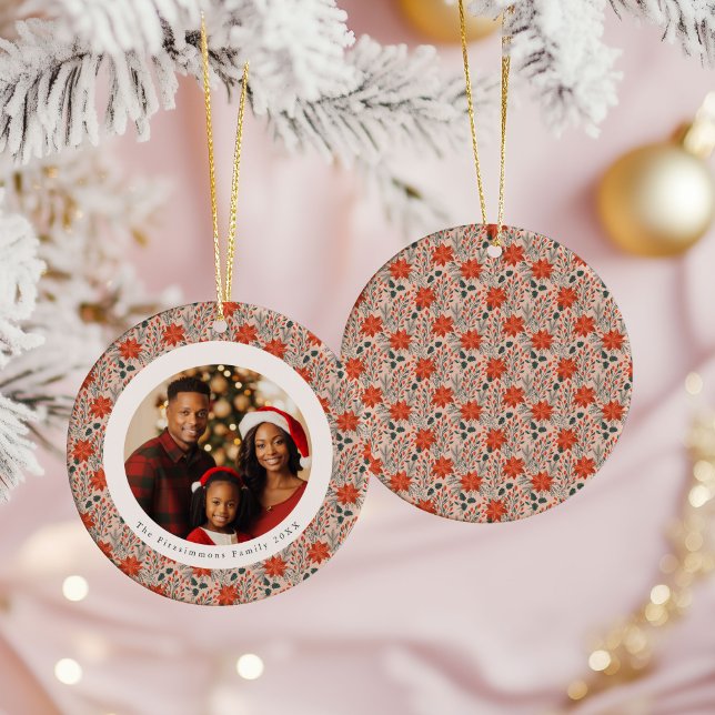 Blush Pink Poinsettia 1 Family Photo Christmas Ceramic Tree Decoration (Poinsettia Season 1 Sided Photo Christmas Ornament blush pink)