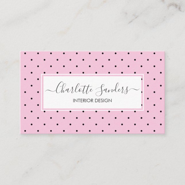Blush pink polka dot trendy script business card (Front)